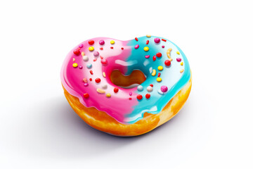 Colorful donut with sprinkles and blue icing on white background. Generative AI.