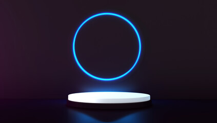 Blue realistic 3d cylinder stand podium with glowing blue neon in circle shape. Abstract 3D Rendering geometric forms. Minimal scene. Stage showcase, Mockup product display.