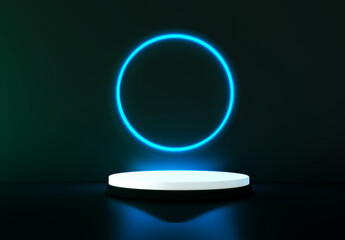 Black realistic 3d cylinder stand podium with glowing blue neon in circle shape. Abstract 3D Rendering geometric forms. Minimal scene. Stage showcase, Mockup product display.