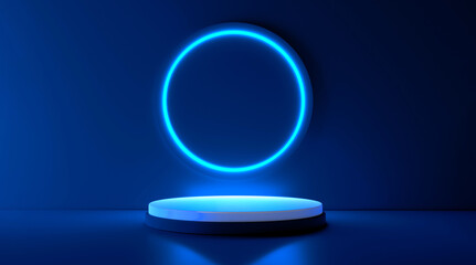 Blue realistic 3d cylinder stand podium with glowing blue neon in circle shape. Abstract 3D Rendering geometric forms. Minimal scene. Stage showcase, Mockup product display.