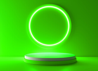 Green realistic 3d cylinder stand podium with glowing neon in circle shape. Abstract 3D Rendering geometric forms. Minimal scene. Stage showcase, Mockup product display.