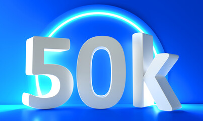 50K Followers. Achievement in 50K followers. 50 000 followers background. Congratulating networking thanks, net friends abstract image, customers. 3d rendering. Web banner. 