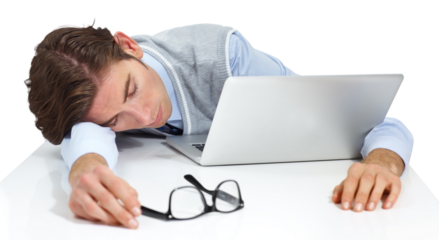 Tired business man, sleeping and laptop with burnout, glitch and stress at job by png background. Isolated businessman, sleep and fatigue with computer at desk with rest, overworked or headache