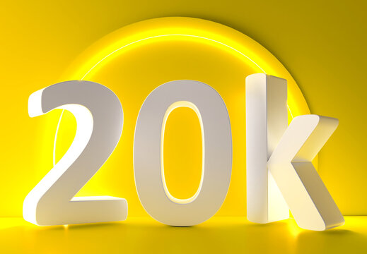 20K Followers. Achievement in 20K followers. 20 000 followers background. Congratulating networking thanks, net friends abstract image, customers. 3d rendering. Twenty thousand, web banner.