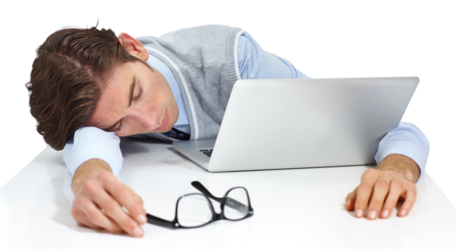 Tired business man, sleeping and laptop with burnout, glitch and stress at job by png background. Isolated businessman, sleep and fatigue with computer at desk with rest, overworked or headache