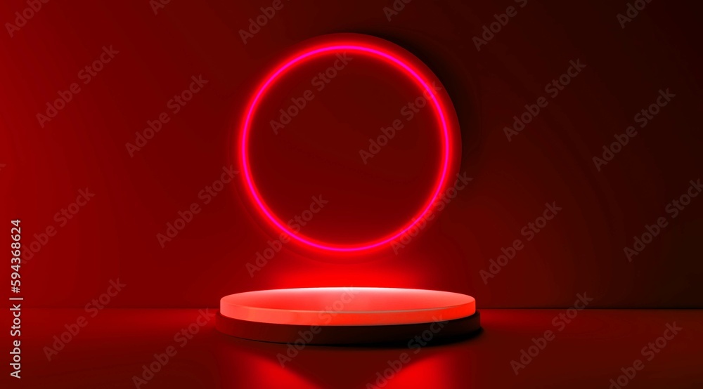 Poster red realistic 3d cylinder stand podium with glowing red neon in circle shape. abstract 3d rendering 