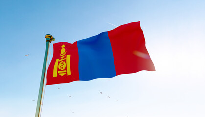 Flag of Mongolia waving in the wind, sky and sun background. Mongolia Flag, Ultra Hd.