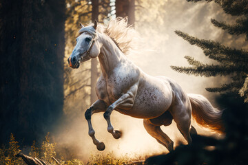 White horse is galloping through the woods in front of pine tree. Generative AI. - obrazy, fototapety, plakaty