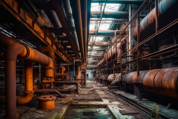 Very large industrial building with lots of pipes and pipes on the walls. Generative AI.