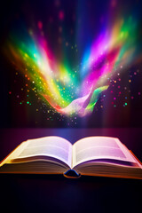 Open book sitting on top of table next to rainbow light. Generative AI.