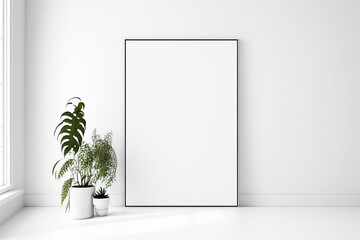 Picture frame sitting next to potted plant on white floor. Generative AI.