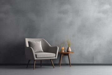 Modern living room with monochrome textured grey empty wall for mock up. Contemporary interior design with trendy wall color and chair. Generative AI.