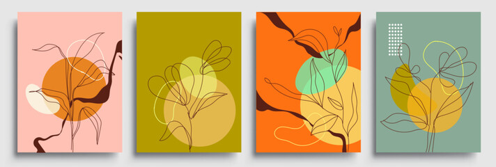 Set of posters with elements of plants, floral and abstract shapes, modern graphic design. Perfect for social media, poster, cover, invitation, brochure. Vector