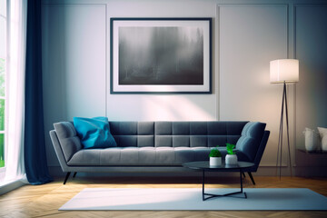 Living room with couch, table and painting on the wall. Generative AI.