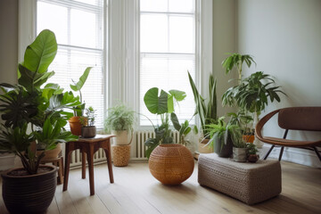 Room filled with lots of potted plants and chair in front of window. Generative AI.