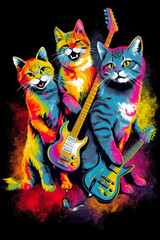Group of cats that are standing next to each other with guitar. Generative AI.