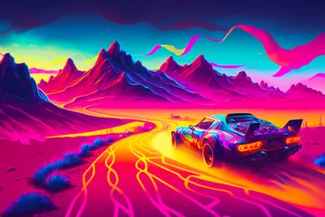 Gartenposter Rosa Image of car driving on road with mountains in the background. Generative AI.