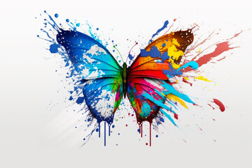Colorful butterfly with splatters of paint on it's wings. Generative AI.