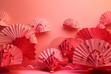 Fashion Valentine day stage in chinese style red paper hearts of fans soar as flow on pink color, copy space, vertical. Love template for advertising, wedding, anniversary, invitation,. Generative AI