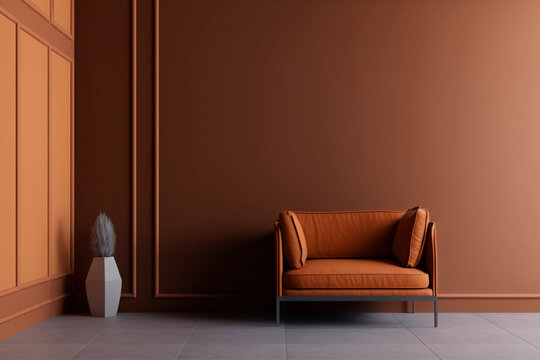 Modern cozy living room with monochrome dark terracotta wall. Contemporary interior design with trendy earth tones wall color, brown sofa, plant for mockups. Generative AI.