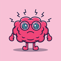 Cute cartoon smart human brain character with glasses angry concept