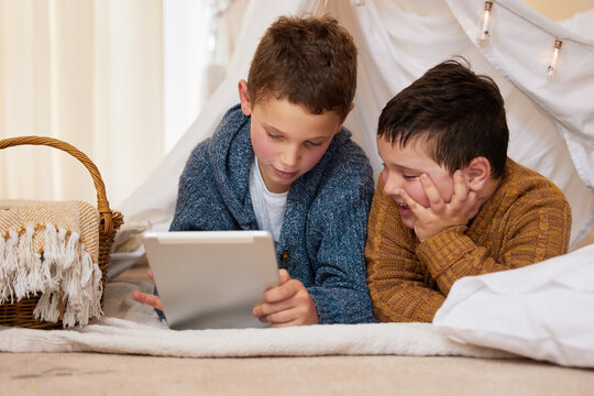 I told you this cartoon is cool. two brothers using a digital tablet together under a blanket fort at home. - Powered by Adobe