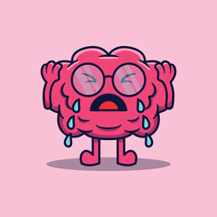 Vector cute cartoon character of smart human brain with glasses crying