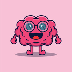 Vector cute cartoon character of smart human brain with glasses
