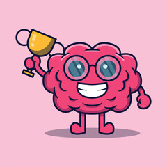 Vector cute cartoon character of smart human brain with glasses holding trophy