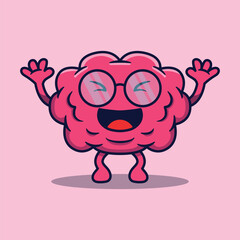 Vector cute cartoon character of smart human brain with happy glasses