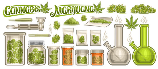 Vector Cannabis Set, lot collection of cut out illustrations glass jars with medicinal recreational cannabis, group of green weed buds in plastic bags, text cannabis and marijuana on white background - obrazy, fototapety, plakaty