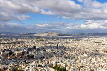 Aerial view of the city from the Mount Lycabettus on a sunny day, Athens, Greece