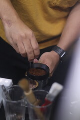 latte art on te wood table in the coffee shop