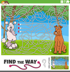 find the way maze activity with cartoon purebred dogs