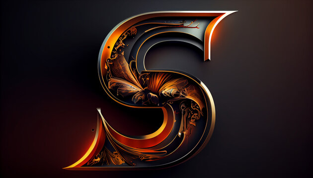 Capital letter S ateampunk alphabet in gold and black colour created with generative Ai technology