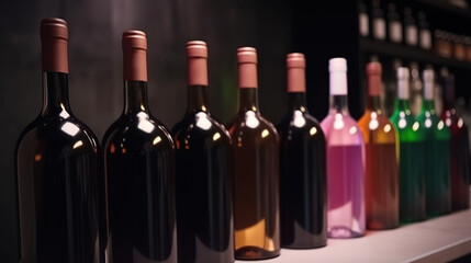 Wine bottles with blank labels on the counter of a liquor store. Generative Ai