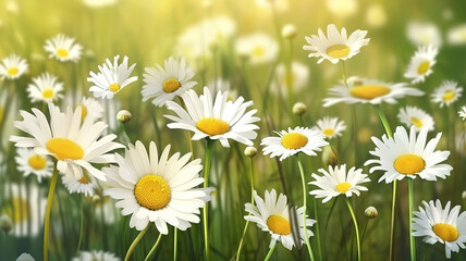 Fototapeta premium Flowers of wild daisies on a summer sunny green meadow. Generative Ai