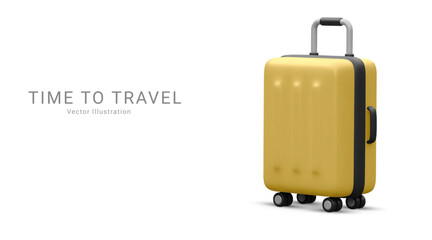 Realistic plastic suitcase. Yellow travel bag isolated on white background. Traveling banner template. 3 D Vector Illustration