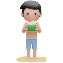 cute boy holding the coconut on the beach in summer