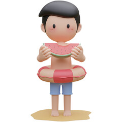 cute boy wearing swim ring,holding watermelon on the beach in summer