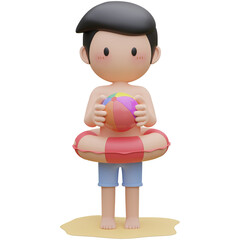 cute boy holding the beach ball and wearing swim ring on the beach in summer