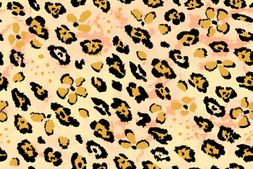 Abstract seamless leopard pattern with black spots and orange flowers on a watercolor background. Trendy botanical and animal skin background.