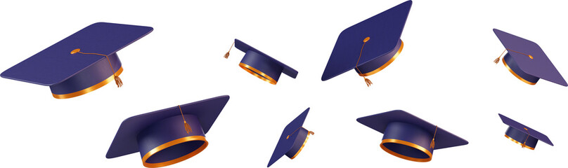 Graduation caps in the air. Congratulations on graduation from university or school, 3d render. Lots of graduation hats thrown in the air. Transparent background, PNG