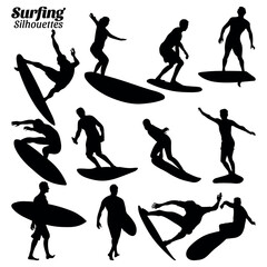 Obraz premium Surfing silhouette vector illustration set.