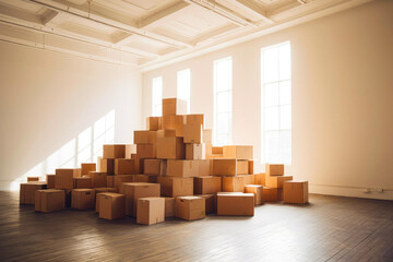 Office relocation background with boxes lying around in empty office room. Created with Generative AI technology.