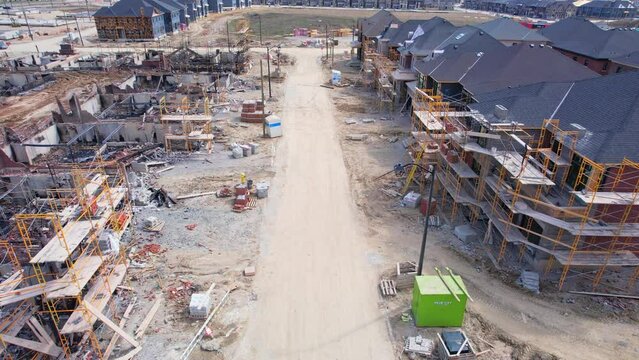 Aftermath of severe fire in the city of Vaughan. Houses and home units such as single detached homes, townhomes,  or townhouses units severely damaged disaster. April 12, 2023.