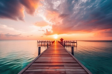 Obraz premium Sunset on the island of Maldives at a resort. Generative AI