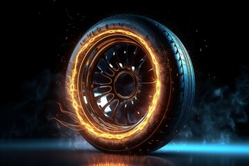 Ultrabright Fire: Transparent Tires in Spirit Form with Veiling Flare, Set Against Ultrabright Blue Background and Realistic Side-View. Super Realistic with Light Gold Background