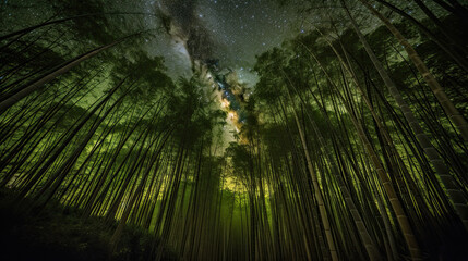 Eunhasu or galaxy road in bamboo forest field. Bamboo forest is lit up at night illuminated by the artificial lights.