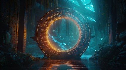 A circle Orange and Blue Neon Magic Portal in a futuristic style, by night, cosmos, Edited generative AI